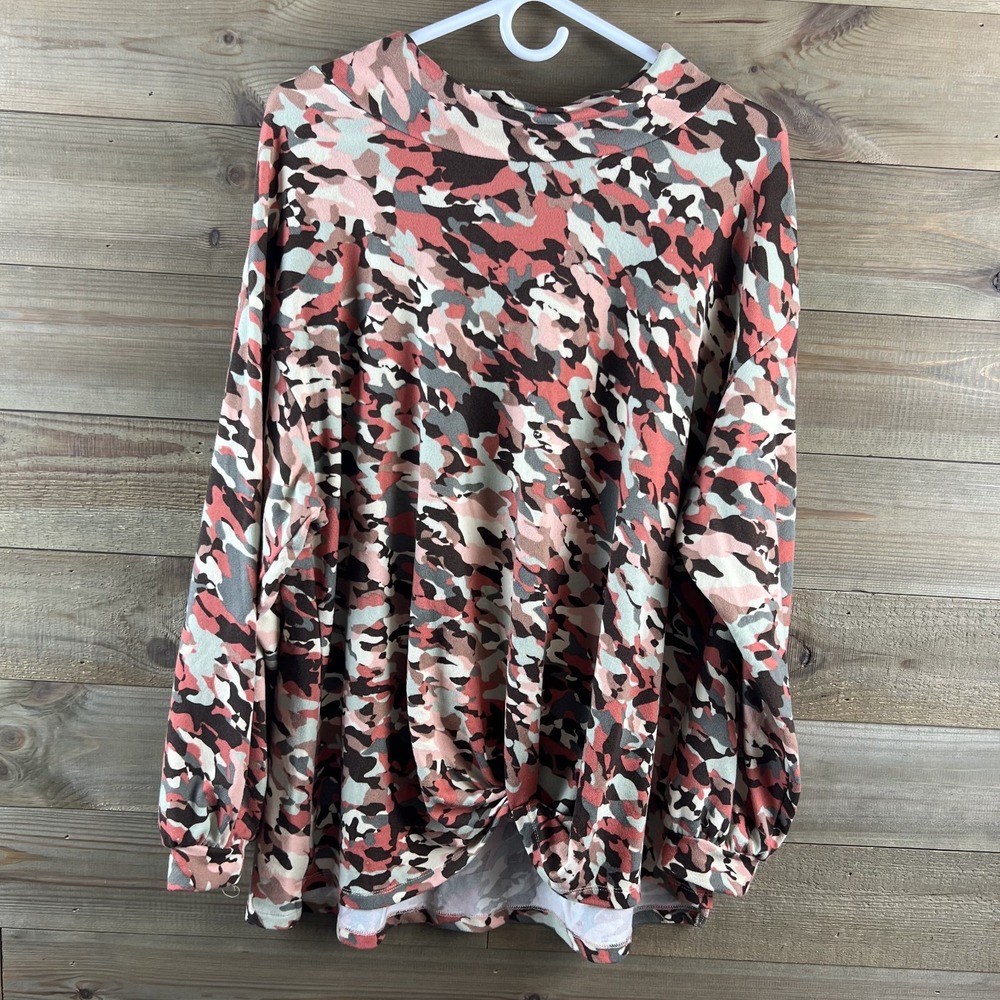 Zac & Rachel Womens Shirt Long Sleeve Mock Neck Camouflage Twist Front 1X‎